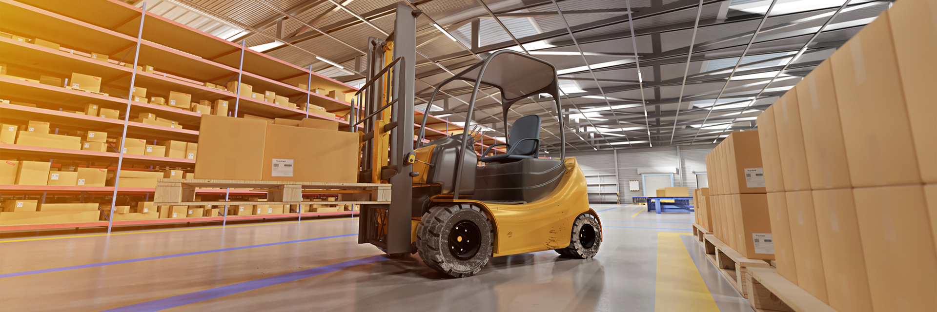 Forklift holding boxes in big distribution warehouse